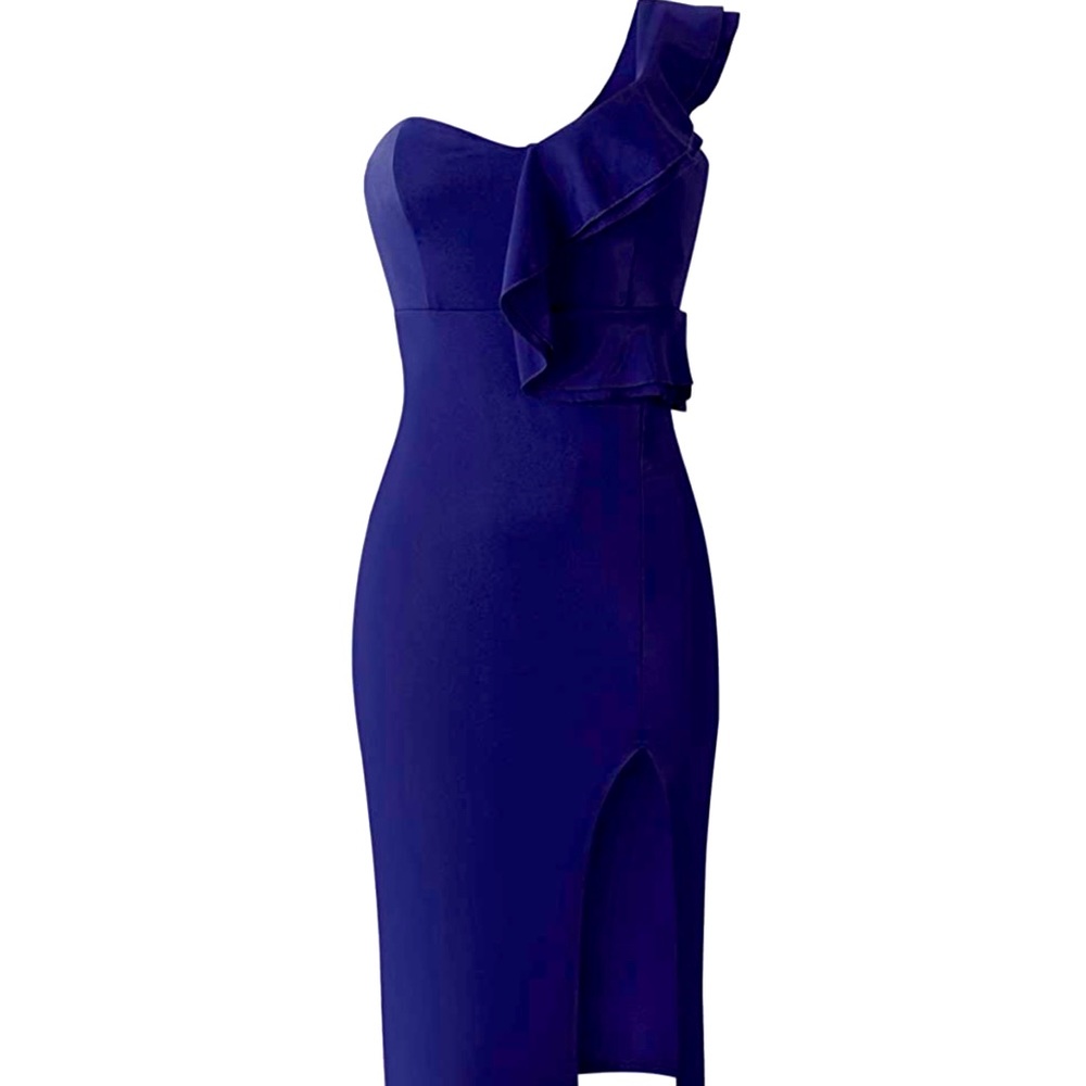 One-shoulder navy blue dress.